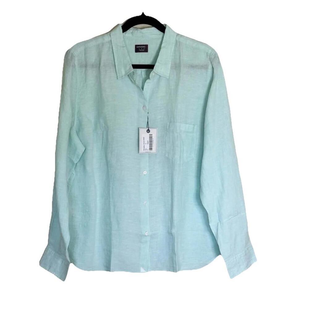 NWT Untuckit Shirt Womens 12 Blush Green Linen Button Up Long Sleeve Regular Fit